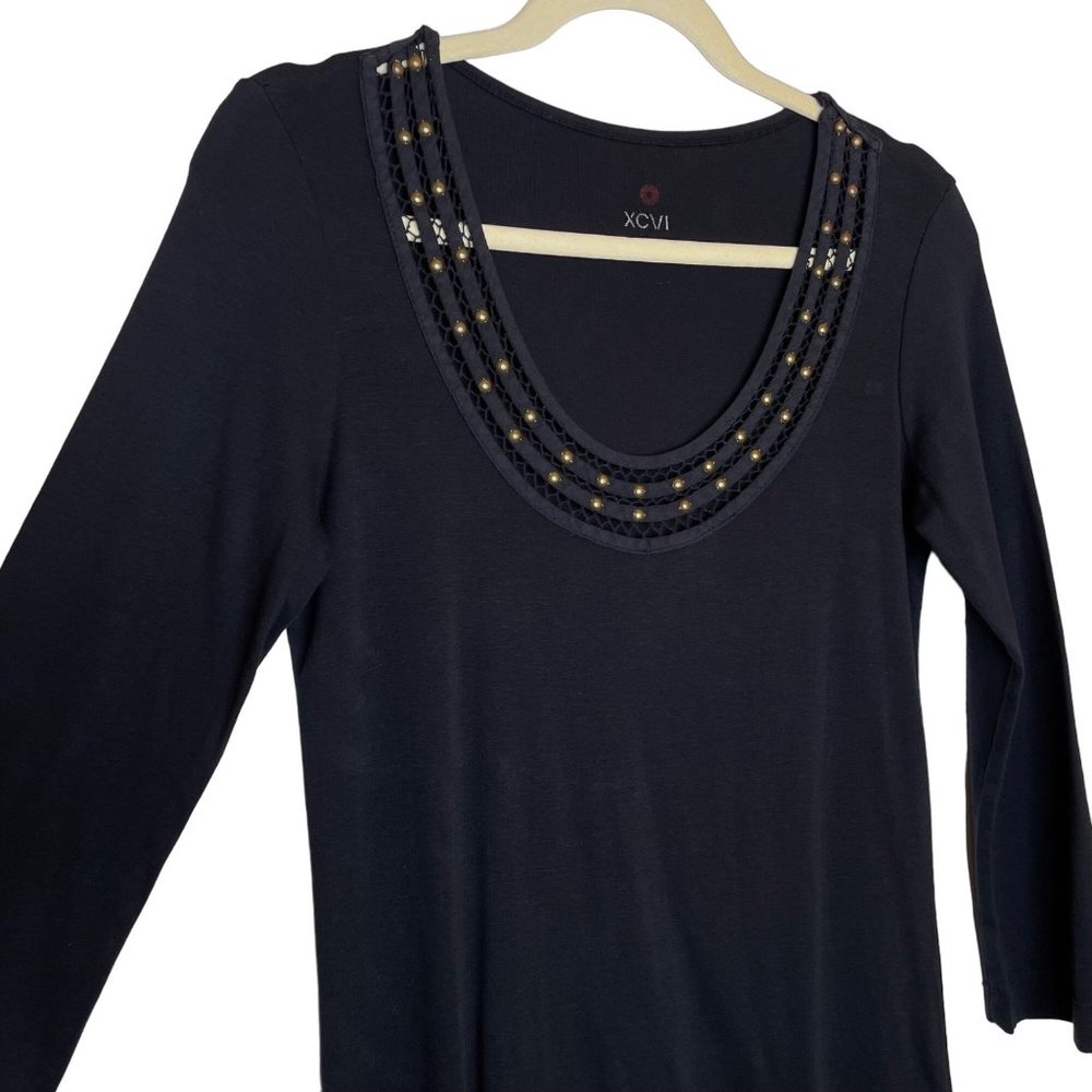 XCVI Black Embellished Scoop Neck 3/4 Sleeve Top, S - Picture 3 of 10
